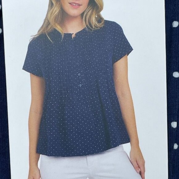 Lands End Short Sleeve Navy Pintuck Blouse Polka Dots M d0343 - Picture 1 of 7